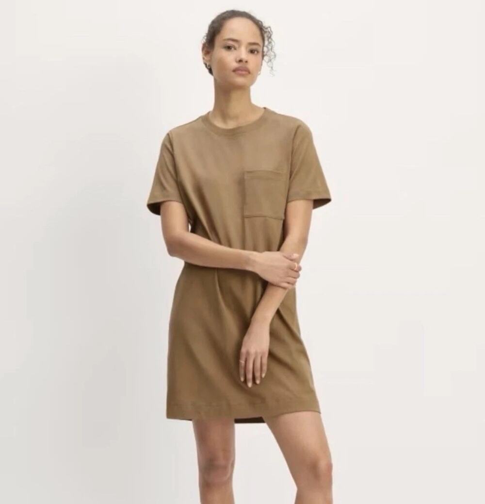 Everlane Weekend Tee T-Shirt Dress Size S Tan Brown Cotton Pocket Short Sleeve